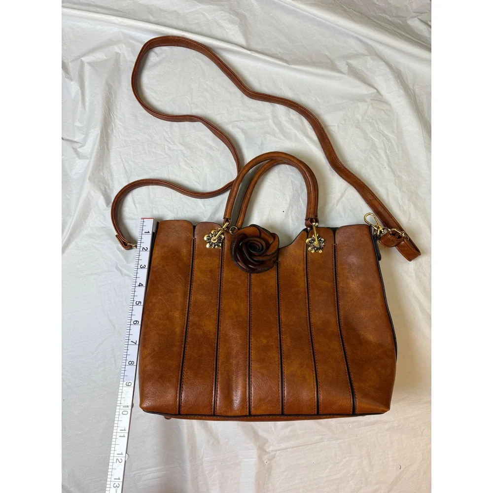 Rofozzi Classic Brown Faux Leather Tote Satchel‎ Bag Rose Accent Crossbody Strap